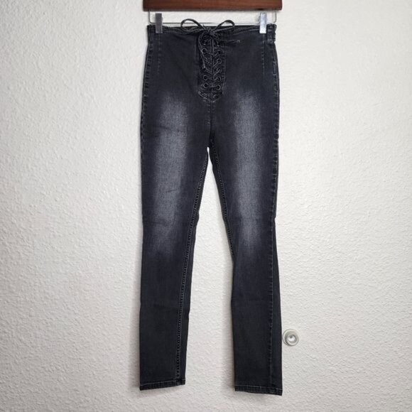 Free People High Waisted Lace-Up Jeggings  in Faded Black Women's Size 28 - Picture 1 of 8